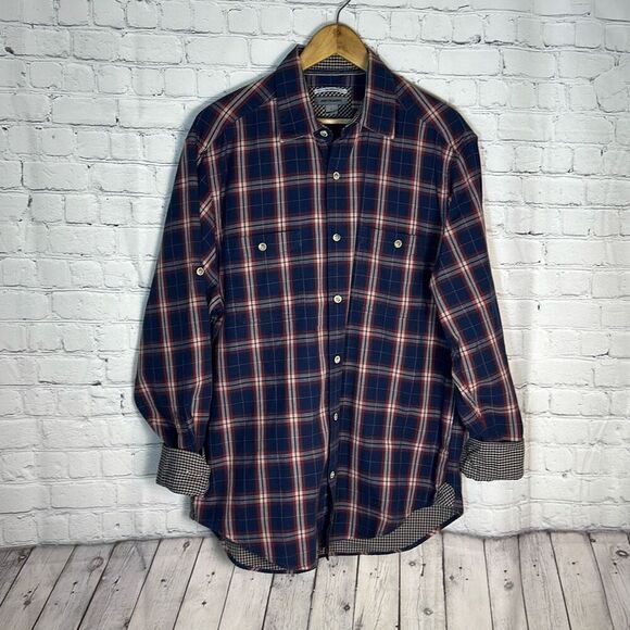 Johnston & Murphy Tailored Fit Convertible Button Down shirt L Blue Red Plaid - Picture 1 of 10